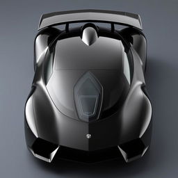 A fully visible, sleek black car with an aerodynamic design and a distinctive triangular window