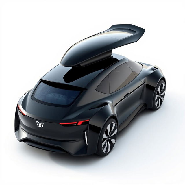 A fully visible black car with an aerodynamic design, showcasing a unique triangular window and featuring a foldable wing above