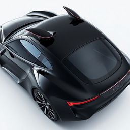 A fully visible black car with an aerodynamic design, showcasing a unique triangular window and featuring a foldable wing above