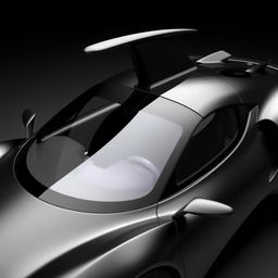 A fully visible black car with an aerodynamic design, showcasing a unique triangular window and featuring a foldable wing above