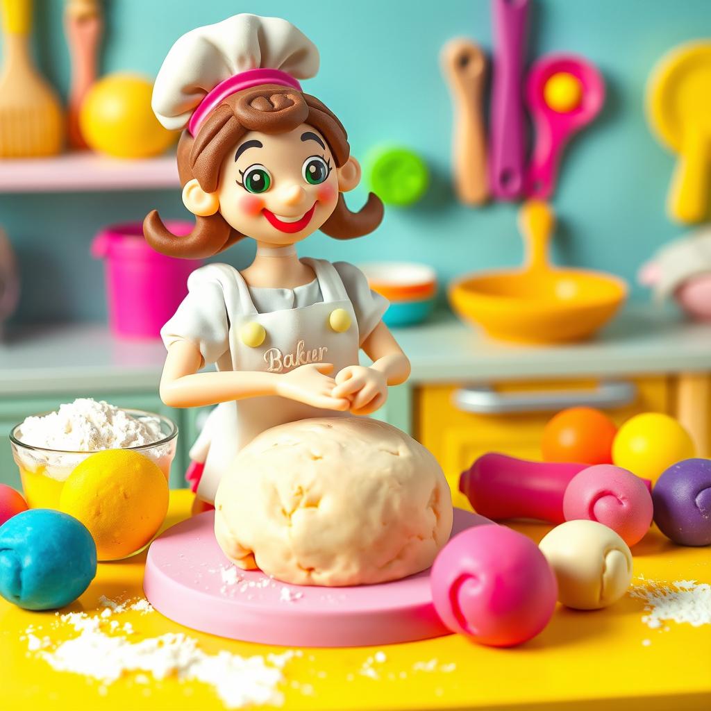 A delightful scene featuring a female baker made of playdough, cheerfully kneading dough for a cake