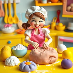 A delightful scene featuring a female baker made of playdough, cheerfully kneading dough for a cake