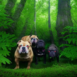 Menacing bulldogs with red eyes and mean faces, standing assertively amidst the dense greenery of a forest.