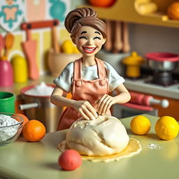 A delightful scene featuring a female baker made of playdough, cheerfully kneading dough for a cake