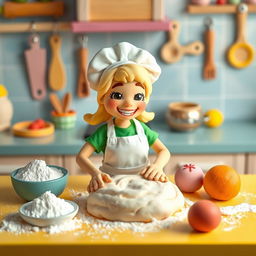 A delightful scene featuring a female baker made of playdough, cheerfully kneading dough for a cake