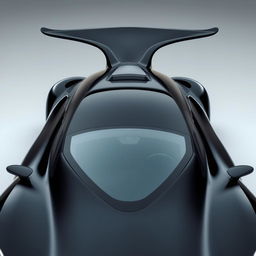 A fully visible black car featuring an aerodynamic design with a unique triangular window