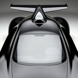 A fully visible black car featuring an aerodynamic design with a unique triangular window