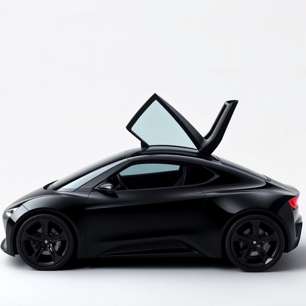 A fully visible black car featuring an aerodynamic design with a unique triangular window