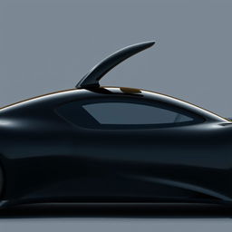 A striking black car with an aerodynamic design that prominently features a triangular window