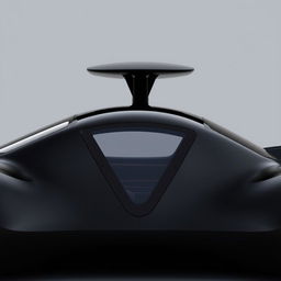 A striking black car with an aerodynamic design that prominently features a triangular window