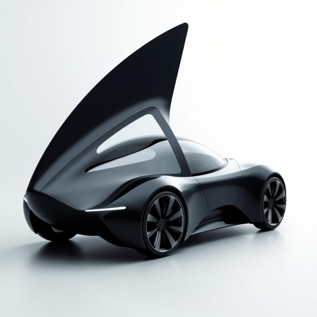 A striking black car with an aerodynamic design that prominently features a triangular window