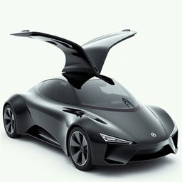 A striking black car featuring an aerodynamic design with a distinctive triangular window