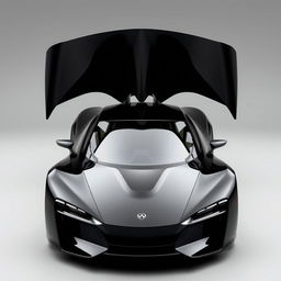 A striking black car featuring an aerodynamic design with a distinctive triangular window