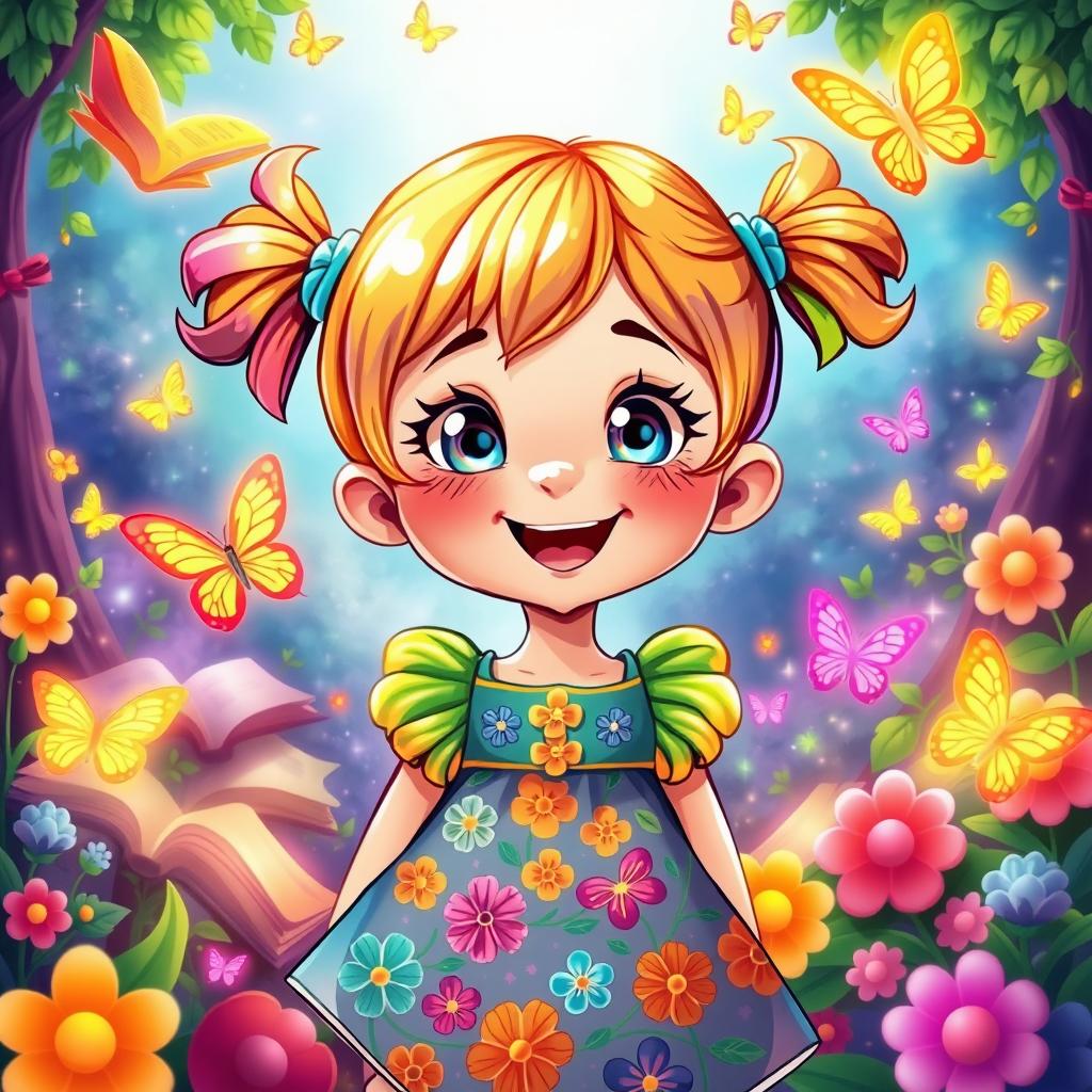 A charming illustration of a colorful little girl styled in a whimsical book art aesthetic combined with vibrant game art elements