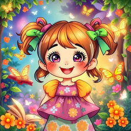 A charming illustration of a colorful little girl styled in a whimsical book art aesthetic combined with vibrant game art elements