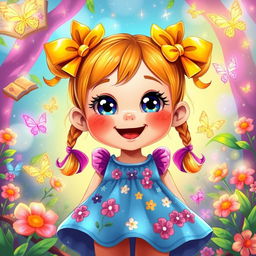 A charming illustration of a colorful little girl styled in a whimsical book art aesthetic combined with vibrant game art elements