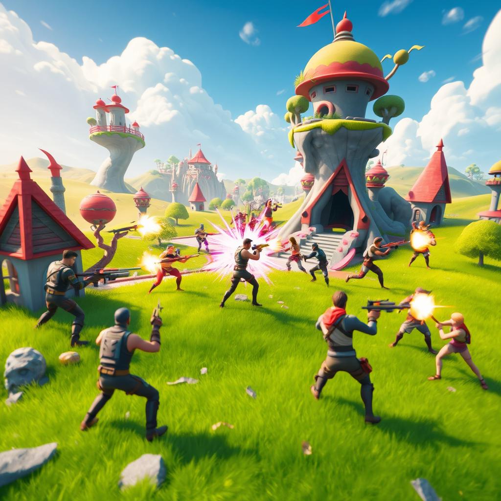 A vibrant and dynamic Fortnite landscape featuring an epic battle scene