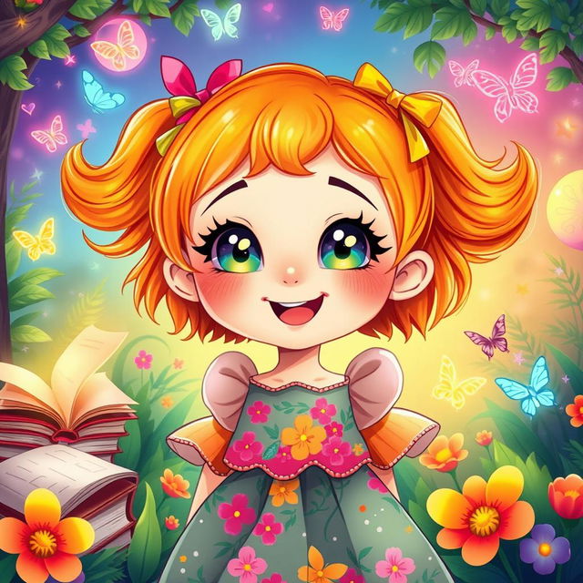 A charming illustration of a colorful little girl styled in a whimsical book art aesthetic combined with vibrant game art elements