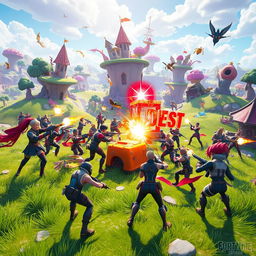 A vibrant and dynamic Fortnite landscape featuring an epic battle scene