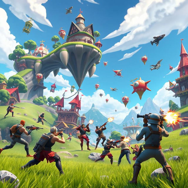 A vibrant and dynamic Fortnite landscape featuring an epic battle scene