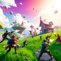 A vibrant and dynamic Fortnite landscape featuring an epic battle scene