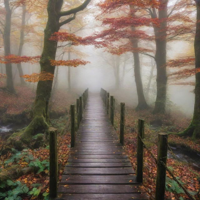 Generate an image of a mysterious forest path, covered in dense fog, with ancient towering trees underneath a canopy layered with vibrant hues of autumn. A wooden bridge is seen in the distance, arching over a trickling stream.