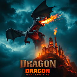 A dramatic movie poster featuring a fire-breathing dragon soaring through a night sky filled with smoke and flames