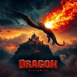 A dramatic movie poster featuring a fire-breathing dragon soaring through a night sky filled with smoke and flames