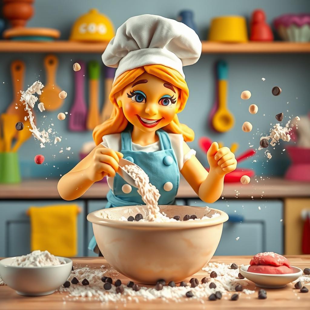 A vibrant scene featuring a female baker made of playdough, energetically pouring ingredients into a large playdough bowl