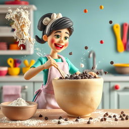 A vibrant scene featuring a female baker made of playdough, energetically pouring ingredients into a large playdough bowl