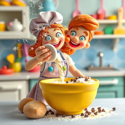 A vibrant scene featuring a female baker made of playdough, energetically pouring ingredients into a large playdough bowl