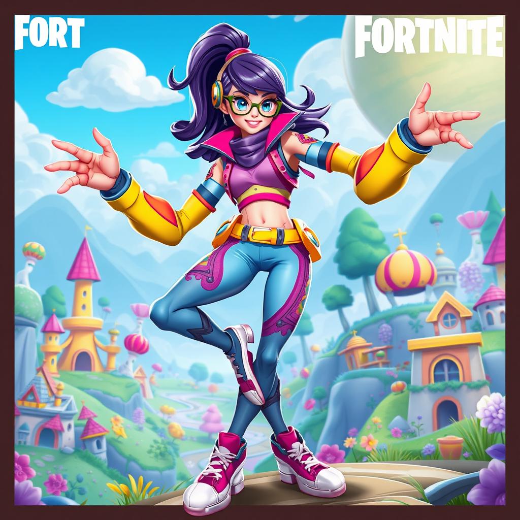 An imaginative Fortnite-inspired character design of an 'Elastic Girl', a strong and flexible female hero with vibrant, colorful attire