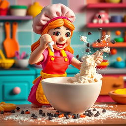 A vibrant scene featuring a female baker made of playdough, energetically pouring ingredients into a large playdough bowl