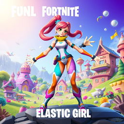 An imaginative Fortnite-inspired character design of an 'Elastic Girl', a strong and flexible female hero with vibrant, colorful attire