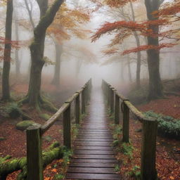 Generate an image of a mysterious forest path, covered in dense fog, with ancient towering trees underneath a canopy layered with vibrant hues of autumn. A wooden bridge is seen in the distance, arching over a trickling stream.