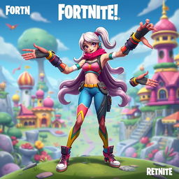 An imaginative Fortnite-inspired character design of an 'Elastic Girl', a strong and flexible female hero with vibrant, colorful attire