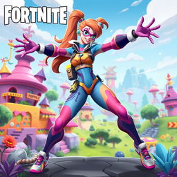 An imaginative Fortnite-inspired character design of an 'Elastic Girl', a strong and flexible female hero with vibrant, colorful attire