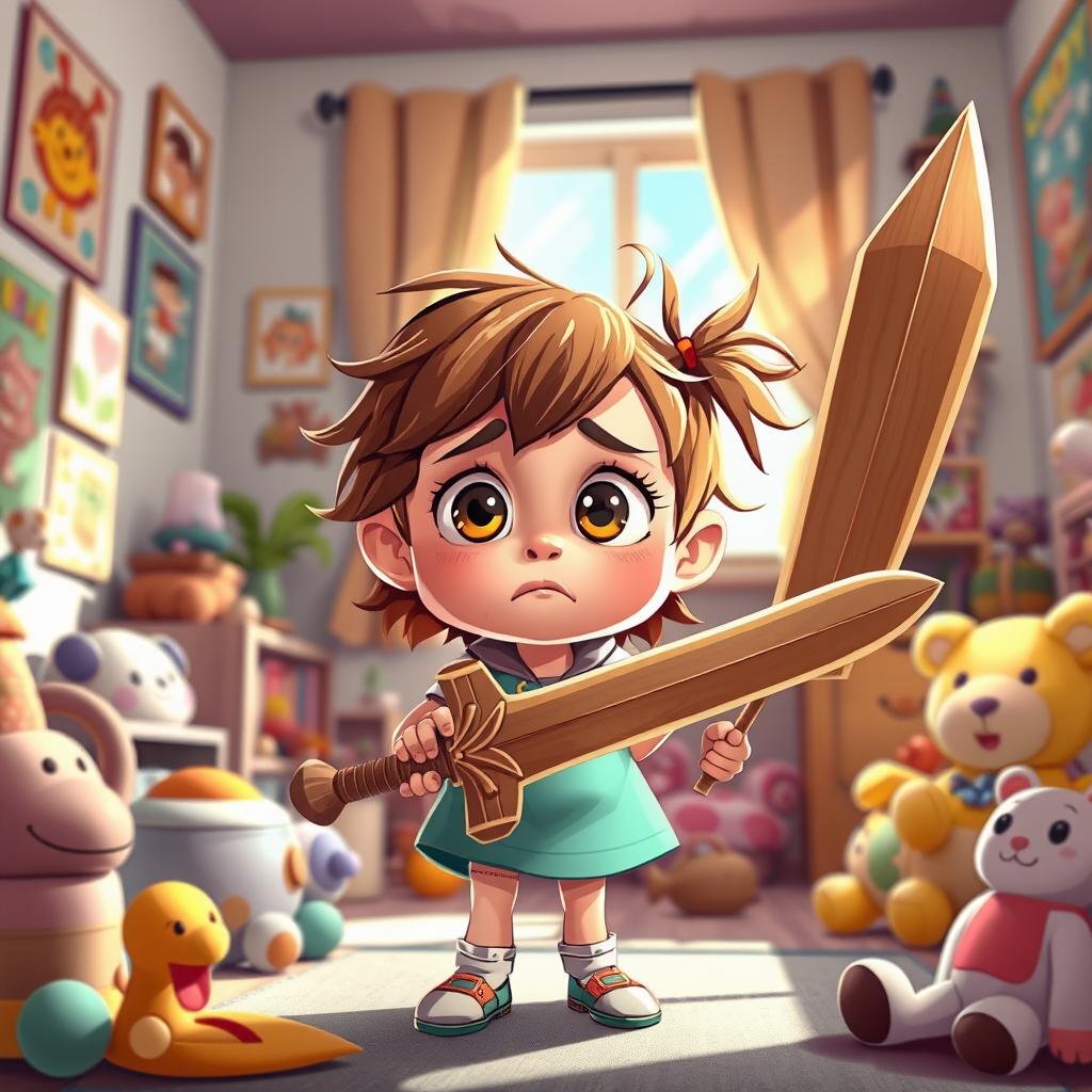 A whimsical illustration of a confused little girl indoors, styled in vibrant game art