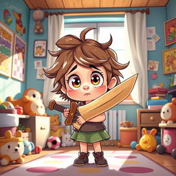 A whimsical illustration of a confused little girl indoors, styled in vibrant game art