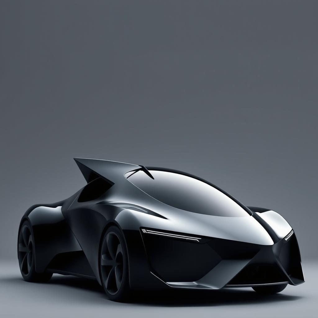 A sleek black car with an aerodynamic design featuring a pointed tip and a distinctive triangular window