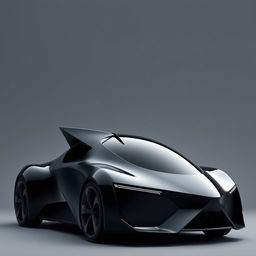 A sleek black car with an aerodynamic design featuring a pointed tip and a distinctive triangular window