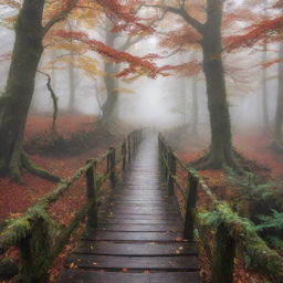 Generate an image of a mysterious forest path, covered in dense fog, with ancient towering trees underneath a canopy layered with vibrant hues of autumn. A wooden bridge is seen in the distance, arching over a trickling stream.