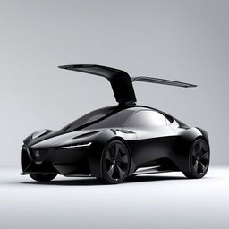 A sleek black car with an aerodynamic design featuring a pointed tip and a distinctive triangular window