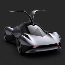 A sleek black car with an aerodynamic design featuring a pointed tip and a distinctive triangular window