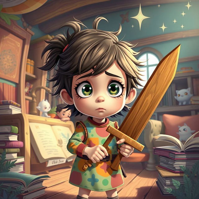 An enchanting illustration of a confused little girl holding a wooden sword, styled in a vibrant game art aesthetic, depicted as if she is inside a storybook