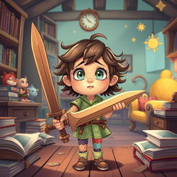 An enchanting illustration of a confused little girl holding a wooden sword, styled in a vibrant game art aesthetic, depicted as if she is inside a storybook