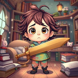 An enchanting illustration of a confused little girl holding a wooden sword, styled in a vibrant game art aesthetic, depicted as if she is inside a storybook