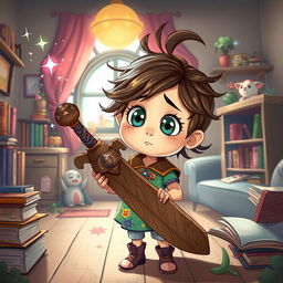 An enchanting illustration of a confused little girl holding a wooden sword, styled in a vibrant game art aesthetic, depicted as if she is inside a storybook