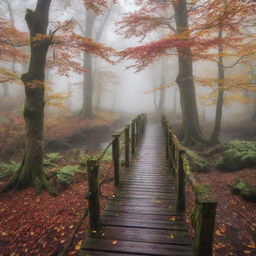 Generate an image of a mysterious forest path, covered in dense fog, with ancient towering trees underneath a canopy layered with vibrant hues of autumn. A wooden bridge is seen in the distance, arching over a trickling stream.