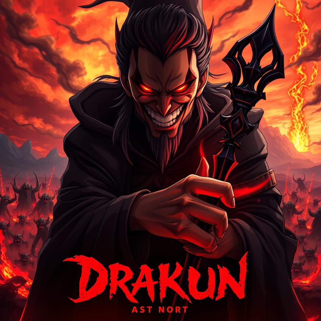 Cover for a dark anime titled "Drakun" featuring a sinister dark wizard with glowing red eyes, wickedly smiling